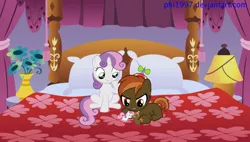 Size: 1024x580 | Tagged: artist:phi1997, bed, button mash, derpibooru import, female, male, safe, shipping, straight, sweetie belle, sweetiemash, toy