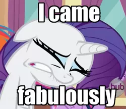 Size: 625x539 | Tagged: caption, derpibooru import, edit, edited screencap, faic, hub logo, i came, image macro, implied orgasm, rarity, screencap, suggestive