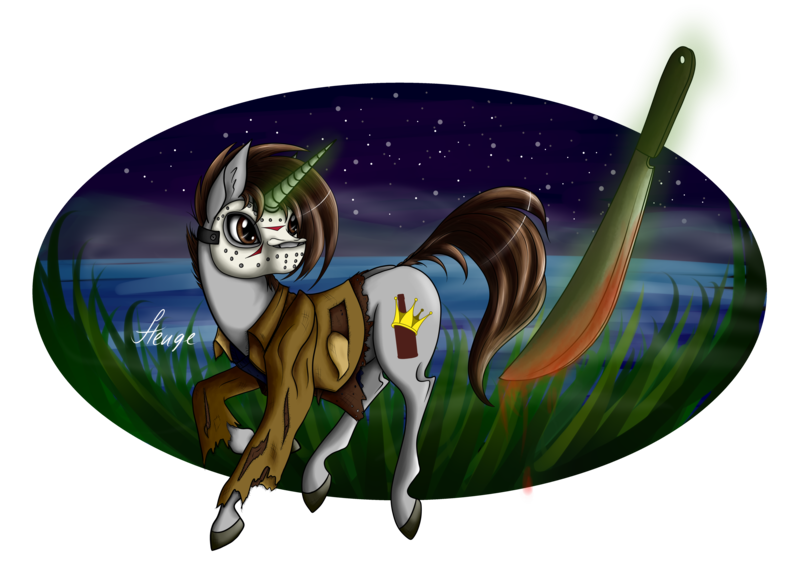 Size: 5500x4000 | Tagged: semi-grimdark, artist:hengebellika, derpibooru import, oc, unofficial characters only, pony, unicorn, blood, clothes, costume, crossover, friday the 13th, jason voorhees, magic, male, request, solo, stallion