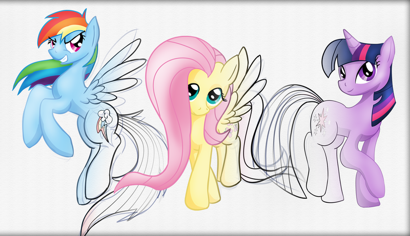 Size: 1876x1080 | Tagged: safe, artist:zedrin, derpibooru import, fluttershy, rainbow dash, twilight sparkle