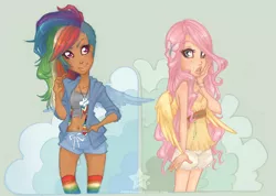 Size: 1152x820 | Tagged: artist:dahli-lama, belly button, clothes, dark skin, derpibooru import, fluttershy, human, humanized, light skin, midriff, rainbow dash, safe, shorts