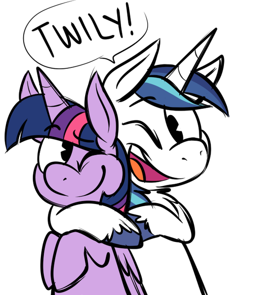 Size: 600x700 | Tagged: safe, artist:karpet-shark, derpibooru import, shining armor, twilight sparkle, twilight sparkle (alicorn), alicorn, pony, twily-daily, brother and sister, female, hug, hug from behind, mare, wink