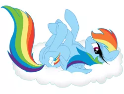 Size: 1394x1062 | Tagged: suggestive, artist:prettypinkpony, artist:shredped, derpibooru import, rainbow dash, pegasus, pony, bedroom eyes, blushing, cloud, featureless crotch, female, hooves, legs in air, looking at you, lying down, mare, on a cloud, on back, show accurate, simple background, smiling, solo, spread wings, underhoof, vector, white background, wings