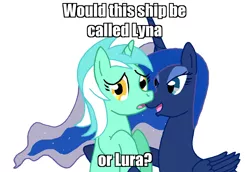 Size: 1480x1021 | Tagged: artist:hakar-kerarmor, conspiracy lyra, crack shipping, derpibooru import, exploitable meme, lura, lyna, lyra heartstrings, lyra is not amused, meme, princess luna, safe, shipping