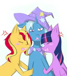 Size: 435x500 | Tagged: safe, artist:hannia-san, derpibooru import, sunset shimmer, trixie, twilight sparkle, twilight sparkle (alicorn), alicorn, pony, blushing, cape, clothes, confused, counterparts, female, hat, lesbian, magical trio, mare, shipping, suntrix, trixie's cape, trixie's hat, twilight's counterparts, twixie