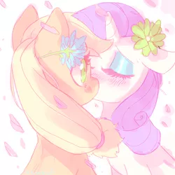 Size: 700x700 | Tagged: safe, artist:mewball, derpibooru import, applejack, rarity, earth pony, pony, unicorn, blushing, eyes closed, female, flower, flower in hair, kissing, lesbian, mare, rarijack, shipping, wide eyes