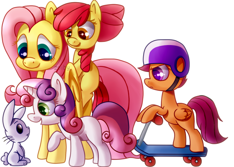 Size: 1400x1000 | Tagged: safe, artist:zoiby, derpibooru import, angel bunny, apple bloom, fluttershy, scootaloo, sweetie belle, earth pony, pegasus, pony, unicorn, cutie mark crusaders, female, filly, ponies riding ponies, riding, scooter