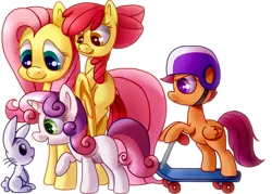 Size: 1400x1000 | Tagged: safe, artist:zoiby, derpibooru import, angel bunny, apple bloom, fluttershy, scootaloo, sweetie belle, earth pony, pegasus, pony, unicorn, cutie mark crusaders, female, filly, ponies riding ponies, riding, scooter