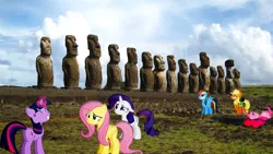 Size: 1920x1080 | Tagged: applejack, artist:mr-kennedy92, chile, derpibooru import, easter island, fluttershy, irl, laughing, magic, mane six, moai, photo, pinkie pie, ponies in real life, rainbow dash, rarity, saddle bag, safe, statue, twilight sparkle, vector
