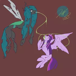 Size: 1280x1280 | Tagged: grimdark, artist:aniohevotach, derpibooru import, queen chrysalis, twilight sparkle, twilight sparkle (alicorn), alicorn, pony, acid, asphyxiation, choking, crying, female, flying, imminent death, impossibly long tongue, mare, open mouth, smiling, spread wings, strangling, suspended, tentacle tongue, tongue out, wide eyes