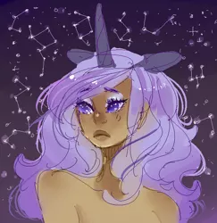 Size: 634x653 | Tagged: artist:costly, bare shoulder portrait, constellation, dark skin, derpibooru import, eared humanization, horned humanization, human, humanized, night, princess luna, safe, solo, stars