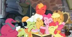 Size: 1348x698 | Tagged: safe, derpibooru import, apple bloom, applejack, big macintosh, goldie delicious, granny smith, pinkie pie, earth pony, pony, pinkie apple pie, camera, male, stallion