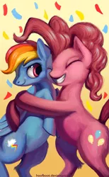 Size: 1515x2466 | Tagged: artist:hoofboot, confetti, derpibooru import, hug, pinkie pie, rainbow dash, safe