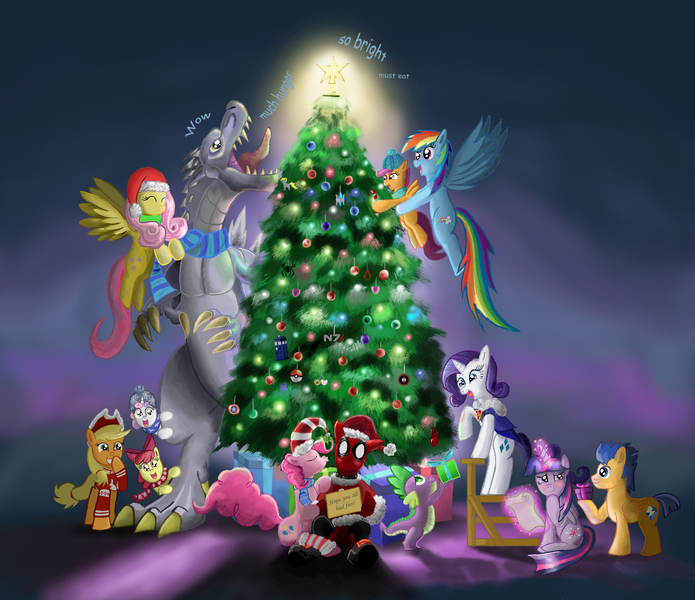 Size: 2200x1900 | Tagged: safe, artist:mr-darkblade, derpibooru import, apple bloom, applejack, derpy hooves, flash sentry, fluttershy, pinkie pie, rainbow dash, rarity, scootaloo, spike, sweetie belle, twilight sparkle, twilight sparkle (alicorn), ponified, alicorn, kaiju, pony, apple bloom the shipper, assassin's creed, blushing, captain america, christmas, crossover, crossover shipping, cutie mark crusaders, dead space, deadpool, doctor who, doge, female, flashlight, godzilla, godzilla (series), godzilla junior, hat, holiday, male, mane seven, mane six, mare, marker (dead space), mass effect, normandy, pinkiepool (pairing), pokémon, santa hat, shipper on deck, shipping, spider-man, straight, sweetie the shipper, tardis