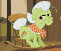 Size: 410x341 | Tagged: animated, derpibooru import, granny smith, loop, pinkie apple pie, rocking chair, safe, screencap, solo
