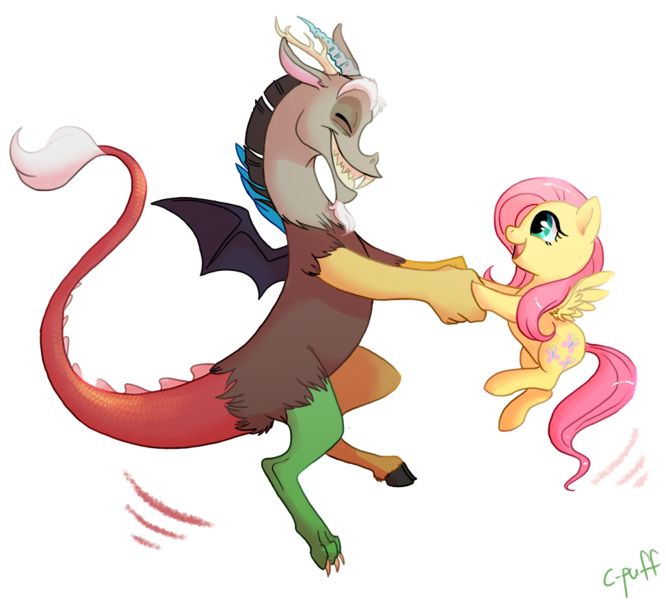 Size: 974x877 | Tagged: safe, artist:c-puff, derpibooru import, discord, fluttershy, draconequus, pegasus, pony, cute, dancing, discoshy, discute, eyes closed, female, happy, male, mare, open mouth, shipping, shyabetes, signature, simple background, smiling, straight, transparent background