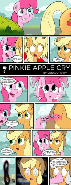 Size: 806x2089 | Tagged: safe, artist:cuckooparty, derpibooru import, applejack, pinkie pie, rainbow dash, bronycon, derpibooru, equestria daily, equestria girls, pinkie apple pie, /mlp/, blue screen of death, comic, doll, fimfiction, fourth wall, frown, meta, mind break, nervous, rule 34, scared, smiling, tumblr, unamused, wide eyes