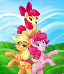 Size: 1599x1834 | Tagged: safe, artist:mn27, derpibooru import, apple bloom, applejack, pinkie pie, earth pony, pony, pinkie apple pie, colored pupils, cousins, family, pony pyramid, rearing, sisters, trio