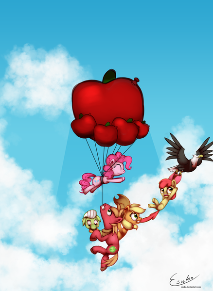 Size: 1500x2055 | Tagged: safe, artist:esuka, derpibooru import, apple bloom, applejack, big macintosh, granny smith, pinkie pie, that friggen eagle, bald eagle, eagle, earth pony, pony, pinkie apple pie, balloon, balloon apple, male, stallion