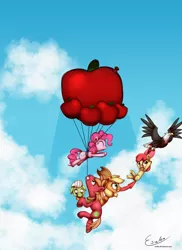 Size: 1500x2055 | Tagged: safe, artist:esuka, derpibooru import, apple bloom, applejack, big macintosh, granny smith, pinkie pie, that friggen eagle, bald eagle, eagle, earth pony, pony, pinkie apple pie, balloon, balloon apple, male, stallion