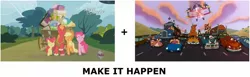 Size: 1400x430 | Tagged: safe, derpibooru import, apple bloom, applejack, big macintosh, granny smith, pinkie pie, earth pony, pony, pinkie apple pie, a goofy movie, apples to the core, exploitable meme, make it happen, male, meme, stallion