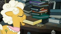 Size: 512x288 | Tagged: animated, book, derpibooru import, dust cat, goldie delicious, horseshoes, hubble, hub logo, pinkie apple pie, safe, solo, the hub