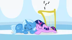 Size: 1280x720 | Tagged: artist:navitaserussirus, derpibooru import, female, harp, lesbian, musical instrument, safe, shipping, sleeping, trixie, twilight sparkle, twixie