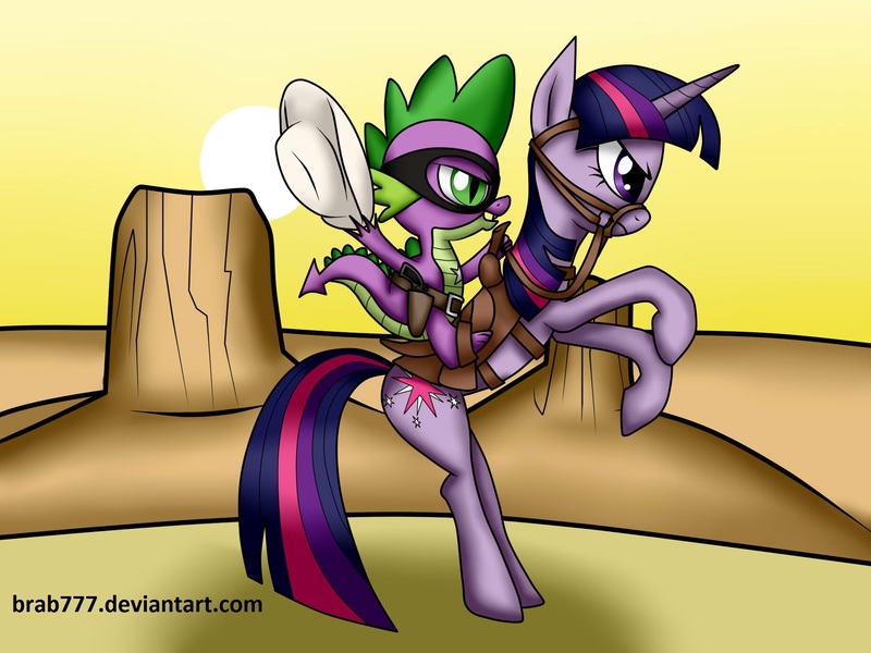 Size: 1843x1382 | Tagged: safe, artist:brab777, derpibooru import, spike, twilight sparkle, dragon, pony, bridle, cowboy, dragons riding ponies, hat, lone ranger, mask, rearing, riding, saddle