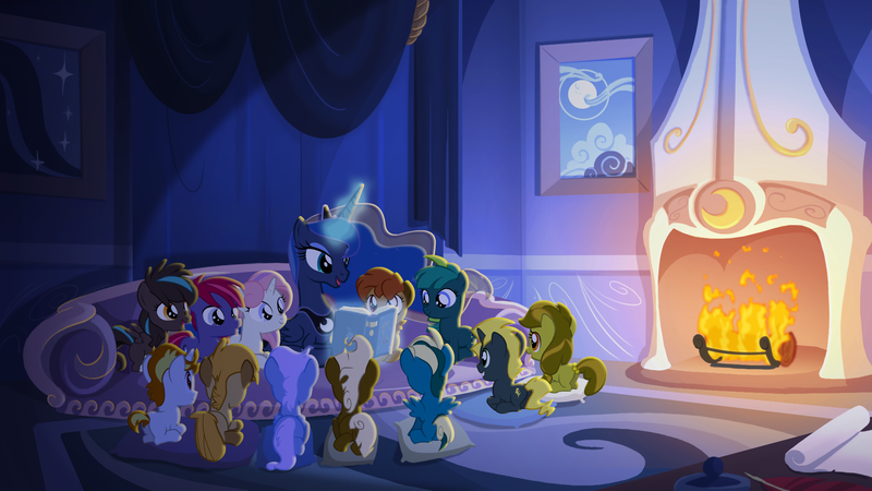 Size: 1920x1080 | Tagged: artist:lionheartcartoon, baby moondancer, book, children of the night, colt, couch, dark, derpibooru import, filly, fireplace, foal, male, oc, oc:candlelight, oc:fly-by-night, oc:gari, oc:magpie, oc:night light, oc:nightshade, oc:spirit, oc:springsign, oc:tingle, oc:trotamundo, oc:wind whisper, pillow, princess luna, reading, safe, slice of life