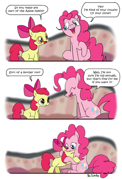 Size: 600x877 | Tagged: apple bloom, artist:foudubulbe, comic, crying, duo, feels, harsher in hindsight, hilarious in hindsight, hug, orphan, pinkie apple pie, pinkie pie, sad, safe, surrogate mother