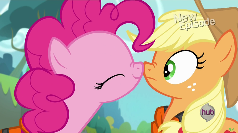 Size: 1920x1080 | Tagged: safe, derpibooru import, screencap, applejack, pinkie pie, pinkie apple pie, boop, noseboop, nose wrinkle, out of context