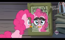 Size: 1280x800 | Tagged: black bars, derpibooru import, hub logo, mirror, mouth hold, pinkie apple pie, pinkie pie, reflection, safe, screencap, solo, wings