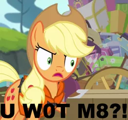 Size: 812x768 | Tagged: applejack, derpibooru import, glare, image macro, meme, pinkie apple pie, safe, solo, u wot m8