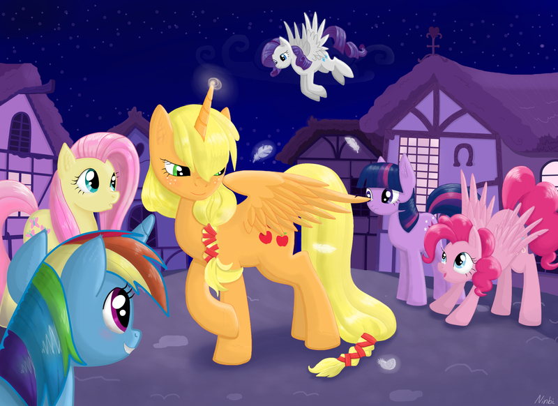 Size: 2116x1540 | Tagged: safe, artist:ninbikun, derpibooru import, applejack, fluttershy, pinkie pie, rainbow dash, rarity, twilight sparkle, alicorn, earth pony, pegasus, pony, unicorn, alicornified, alternate universe, applecorn, earth pony fluttershy, earth pony twilight, mane six, pegasus pinkie pie, pegasus rarity, race swap, unicorn rainbow dash