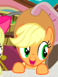 Size: 360x470 | Tagged: safe, derpibooru import, screencap, apple bloom, applejack, earth pony, pony, pinkie apple pie, animated, cute, female, filly, gif, happy, headbob, hnnng, jackabetes, loop, mare, open mouth, smiling, solo focus, weapons-grade cute