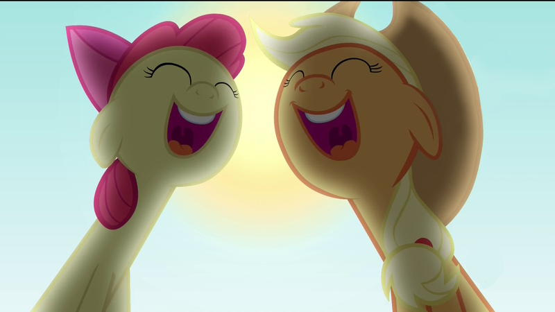 Size: 1920x1080 | Tagged: safe, derpibooru import, edit, screencap, apple bloom, applejack, earth pony, pony, pinkie apple pie, apple sisters, apples to the core, duo, eyes closed, female, filly, foal, mare, open mouth, singing