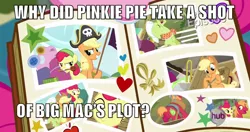 Size: 1498x788 | Tagged: safe, derpibooru import, edit, edited screencap, screencap, apple bloom, applejack, big macintosh, granny smith, pinkie pie, earth pony, pony, pinkie apple pie, butt, caption, female, filly, male, mare, plot, scrapbook, stallion