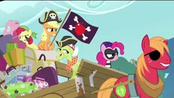 Size: 1920x1080 | Tagged: safe, derpibooru import, edit, screencap, apple bloom, applejack, big macintosh, granny smith, pinkie pie, earth pony, pony, pinkie apple pie, bicorne, clothes, costume, hat, male, pirate, stallion