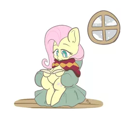 Size: 1000x1000 | Tagged: safe, artist:mt, derpibooru import, fluttershy, book, cloud, couch, cozy, female, looking down, mare, reading, signature, simple background, sitting, solo, white background, window, winter, wooden floor