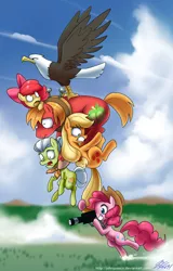 Size: 850x1328 | Tagged: safe, artist:johnjoseco, derpibooru import, apple bloom, applejack, big macintosh, granny smith, pinkie pie, that friggen eagle, bald eagle, eagle, earth pony, pony, pinkie apple pie, accessory theft, angry, camera, carrying, cloud, flying, grin, gritted teeth, holding, male, open mouth, smiling, stallion, wide eyes