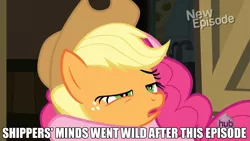 Size: 1463x825 | Tagged: safe, derpibooru import, edit, edited screencap, screencap, applejack, pinkie pie, earth pony, pony, pinkie apple pie, animation error, applepie, caption, derp, female, hug, image macro, lesbian, lidded eyes, mare, out of context, shipping