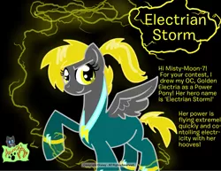Size: 792x612 | Tagged: safe, artist:flint-productions, derpibooru import, oc, unofficial characters only, clothes, costume, electria, female, golden electria, mare, power ponies oc, raised hoof, reference sheet, solo, storm, superhero