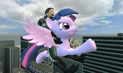 Size: 640x382 | Tagged: safe, derpibooru import, twilight sparkle, twilight sparkle (alicorn), alicorn, pony, 3d, anonymous, barney calhoun, crossover, flying, gm bigcity, gmod, half-life, half-life 2, valve, wings