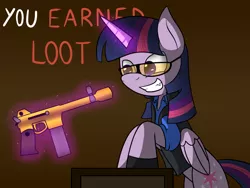 Size: 1024x768 | Tagged: safe, artist:mechashockwave, derpibooru import, twilight sparkle, twilight sparkle (alicorn), alicorn, pony, australium, australium smg, blu, clothes, crossover, gloves, grin, gun, magic, mann vs machine, sniper, solo, submachinegun, sunglasses, team fortress 2, too dumb to live, twilight sniper, vest