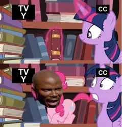 Size: 1924x2016 | Tagged: safe, derpibooru import, pinkie pie, twilight sparkle, twilight sparkle (alicorn), alicorn, pony, pinkie apple pie, book, dexter, female, james doakes, library, mare, surprise motherfucker