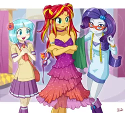 Size: 1000x905 | Tagged: safe, artist:uotapo, derpibooru import, coco pommel, rarity, sunset shimmer, equestria girls, alternate hairstyle, beautiful, blushing, breasts, cleavage, clothes, cocobetes, cute, dress, equestria girls-ified, female, glasses, glasses rarity, image, jpeg, mask, open mouth, pigtails, raribetes, shimmerbetes, sleeveless, strapless, sunset helper, uotapo is trying to murder us