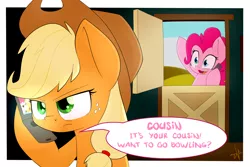 Size: 1500x1000 | Tagged: safe, artist:shinodage, derpibooru import, applejack, pinkie pie, earth pony, pony, pinkie apple pie, annoyed, bipedal, bowling, cousins, dark, dialogue, door, duckface, female, flip phone, frown, glare, grand theft auto, gta iv, hoof hold, let's go bowling, lidded eyes, mare, mobile phone, open mouth, roman bellic, speech bubble, unamused, waving, wide eyes