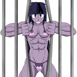 Size: 1000x1000 | Tagged: artist:advanceddefense, belly button, bikini, breasts, buff breasts, cage, clothes, commission, derpibooru import, female, fetish, human, humanized, muscle fetish, muscles, pony coloring, solo, solo female, suggestive, swimsuit, twilight muscle, twilight sparkle, twilight unbound, underboob, werelight shine