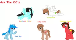 Size: 2496x1320 | Tagged: safe, derpibooru import, oc, oc:anna ren, oc:bunylol909, oc:business casual, oc:kally scare, oc:rain bomb glitter, unofficial characters only, earth pony, pegasus, pony, unicorn, female, flying, frown, glasses, male, mare, open mouth, raised hoof, simple background, smiling, spread wings, stallion, white background, wings