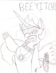 Size: 750x983 | Tagged: safe, artist:themaskedsoda, derpibooru import, princess celestia, alicorn, pony, friendship is magic bitch, gun, handgun, monochrome, pistol, solo, sunglasses, swag, traditional art, vulgar, weapon